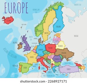 Political Europe Map vector illustration with different colors for each country. Editable and clearly labeled layers.