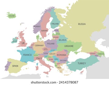 Political Europe Map vector illustration isolated on white background. Editable and clearly labeled layers.