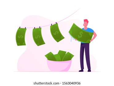 Political or Finance Corruption Concept. Person Laundering Cash Money Take washed Banknotes from Basin Put on Rope to Dry. Dishonesty Economical Crime With Tax Payment. Flat Vector Illustration