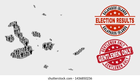 Political Galapagos Islands map and seal stamps. Red round Gentlemen Only textured seal stamp. Black Galapagos Islands map mosaic of upwards vote arms. Vector combination for referendum results,