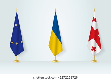 Political gathering of governments. Flags of European Union, Ukraine and Georgia. Flags set.