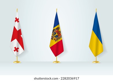 Politische Zusammenkunft der Regierungen. Flaggen von Georgien, Moldau und der Ukraine. Flaggen-Set.