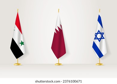 Political gathering of governments. Flags of Syria, Qatar and Israel. Flags set.