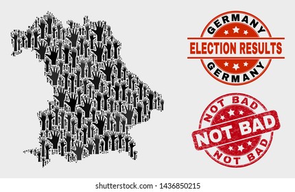 Political Germany map and seals. Red round Not Bad distress stamp. Black Germany map mosaic of raised election arms. Vector collage for election results, with Not Bad seal stamp.
