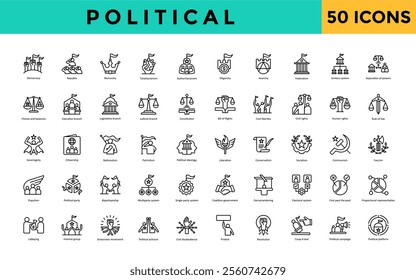 Political icon set with democracy, republic, monarchy, totalitarianism, authoritarianism, oligarchy, anarchy, federalism, unitary system, separation of powers icon. Simple line vector 
