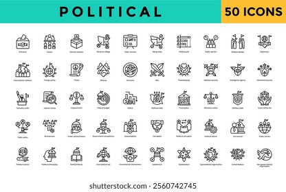 Political icon set with primaries, caucus, general election, electoral college, voter turnout, swing state, political poll, public opinion, political debate, diplomacy icon. Simple line vector 
