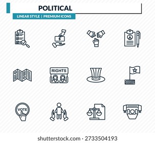 politische Ikonen gesetzt - Überprüfung, Bestechung, Einheit, politische Flagge, Unterstützer umreißen Vektorsammlung.
