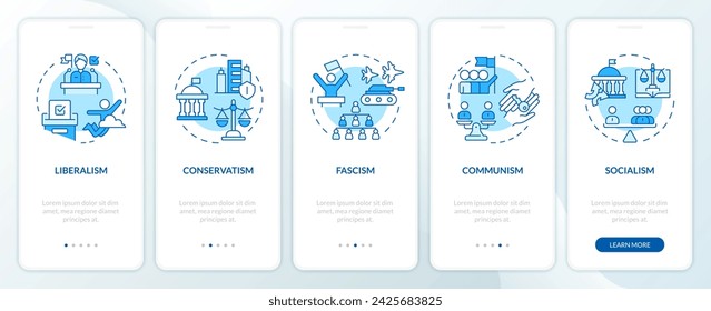 Political ideologies blue onboarding mobile app screen. Walkthrough 5 steps editable graphic instructions with linear concepts. UI, UX, GUI template. Myriad Pro-Bold, Regular fonts used