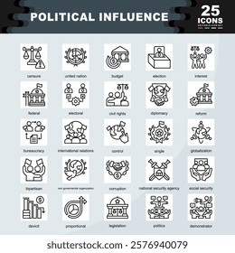 Political Influence icon set containing united nation, election, interest, federal, electoral, civil rights, diplomacy, bureaucracy, international relations, bipartisan icon. Simple line vector