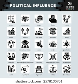 Political Influence icon set containing united nation, election, interest, federal, electoral, civil rights, diplomacy, bureaucracy, international relations, bipartisan icon. Simple glyph vector