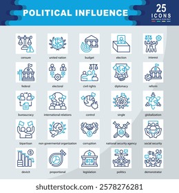 Political Influence icon set containing united nation, election, interest, federal, electoral, civil rights, diplomacy, bureaucracy, international relations, bipartisan icon.Simple vector illustration