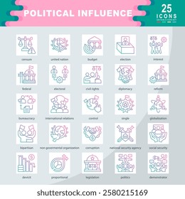 Political Influence icon set containing united nation, election, interest, federal, electoral, civil rights, diplomacy, bureaucracy, international relations, bipartisan icon. simple gradient vector