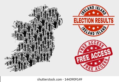 Political Ireland Island map and seal stamps. Red rounded Free Access textured seal stamp. Black Ireland Island map mosaic of raised up help hands. Vector collage for referendum results,