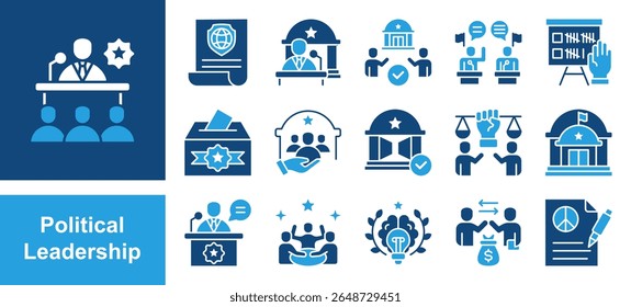 Political Leadership icon set with Authority, Decision-making, Representation, Governance, Leadership, Public trust, Influence.