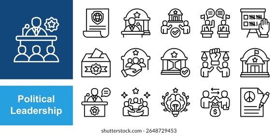 Political Leadership icon set with Authority, Decision-making, Representation, Governance, Leadership, Public trust, Influence.
