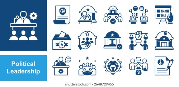 Political Leadership icon set with Authority, Decision-making, Representation, Governance, Leadership, Public trust, Influence.