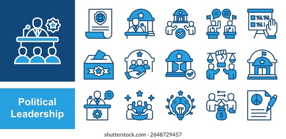 Political Leadership icon set with Authority, Decision-making, Representation, Governance, Leadership, Public trust, Influence.