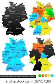 Political and location map of Germany. Versatile file, every piece is selectable and editable in layers panel. Turn on and off visibility of every province in one click. Vector, eps 10.