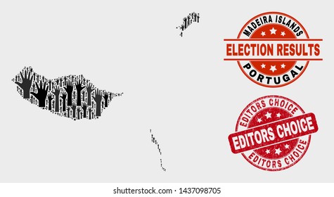 Political Madeira Islands map and stamps. Red round Editors Choice distress watermark. Black Madeira Islands map mosaic of raised up election arms. Vector collage for election results,