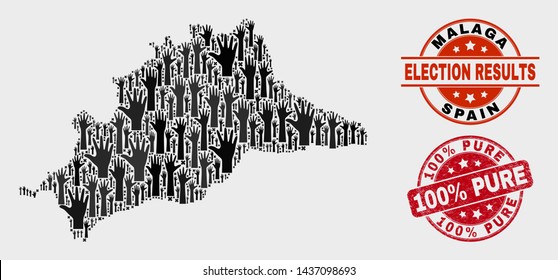 Political Malaga Province map and stamps. Red rounded 100% Pure grunge seal stamp. Black Malaga Province map mosaic of upwards referendum hands. Vector collage for ballot results, with 100% Pure seal.