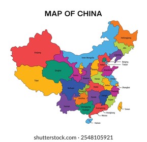 Political  map of administrative divisions, China map colorful vector illustration, Chinese vector map with borders and cities, colorful map China with regions states cities Provinces, vector image