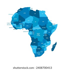 Political map of Africa. Blue colored land with country name labels on white background. Ortographic projection. Vector illustration