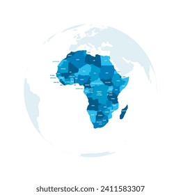 Political map of Africa. Blue colored land with country name labels on white background. Ortographic projection. Vector illustration