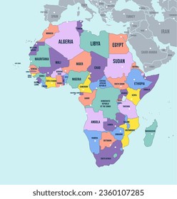 Political Map of Africa continent. English labeled countries names and Africa region borders vector illustration. Detailed template with colorful boundaries of separate land states