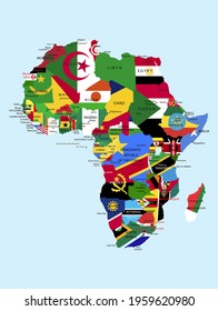 Political map of africa with country borders and national flags.Africa map mixed with countries flags.


