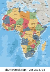 Political map of Africa in Mercator projection. Highly detailed, editable with clearly labeled, separated layers. Vector illustration.