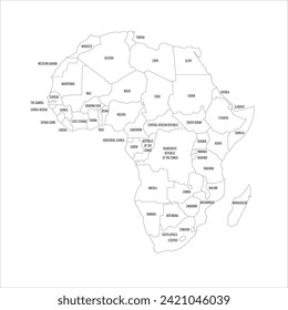 Political map of Africa. Thin black outline map with country name labels on white background. Ortographic projection. Vector illustration