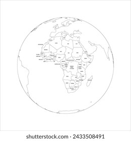 Political map of Africa. Thin black outline map with country name labels on white background. Ortographic projection. Vector illustration