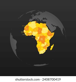 Political map of Africa. Yellow colored land with country name labels on dark gray background. Ortographic projection. Vector illustration