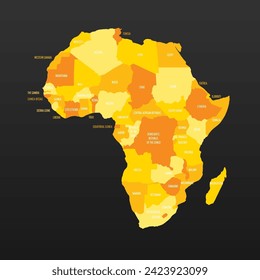 Political map of Africa. Yellow colored land with country name labels on dark gray background. Ortographic projection. Vector illustration