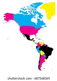 Political map of Americas in CMYK colors on white background. North and South America. Simple flat vector illustration.