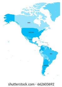 Political map of Americas in four shades of blue on white background. North and South America with country labels. Simple flat vector illustration.