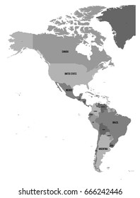 Political map of Americas in four shades of grey on white background. North and South America with country labels. Simple flat vector illustration.