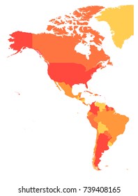 Political map of Americas in four shades of orange. North and South America. Simple flat vector illustration.