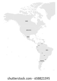 Political map of Americas in grey on white background. North and South America with country labels. Simple flat vector illustration.