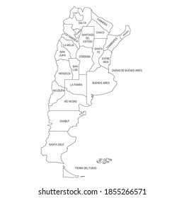 Political map of Argentina. Administrative divisions - provinces. Simple black outline vector map with labels.