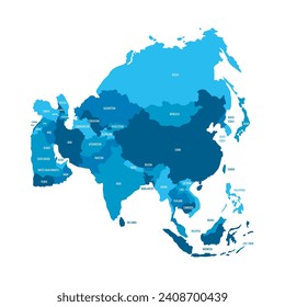 Political map of Asia. Blue colored land with country name labels on white background. Ortographic projection. Vector illustration