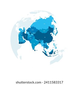 Political map of Asia. Blue colored land with country name labels on white background. Ortographic projection. Vector illustration