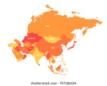 Political map of Asia continent in shades of orange. Vector illustration.