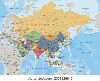 Political map of Asia in Mercator projection. Highly detailed, editable with clearly labeled, separated layers. Vector illustration.