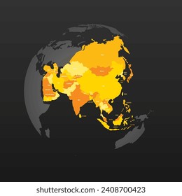 Political map of Asia. Yellow colored land with country name labels on dark gray background. Ortographic projection. Vector illustration