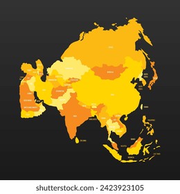 Political map of Asia. Yellow colored land with country name labels on dark gray background. Ortographic projection. Vector illustration