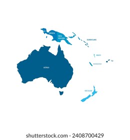 Political map of Australia. Blue colored land with country name labels on white background. Ortographic projection. Vector illustration