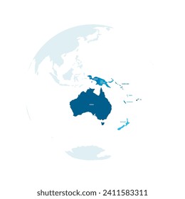 Political map of Australia. Blue colored land with country name labels on white background. Ortographic projection. Vector illustration