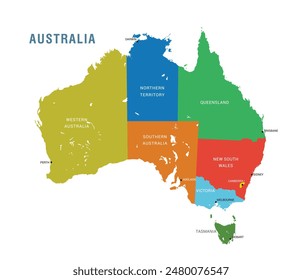 Political Map of Australia color separation by region, vector illustration isolated on white background, eps