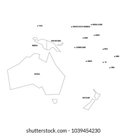 Political map of Australia and Oceania. Simplified thin black wireframe outline with national borders and country name labels. Vector illustration.